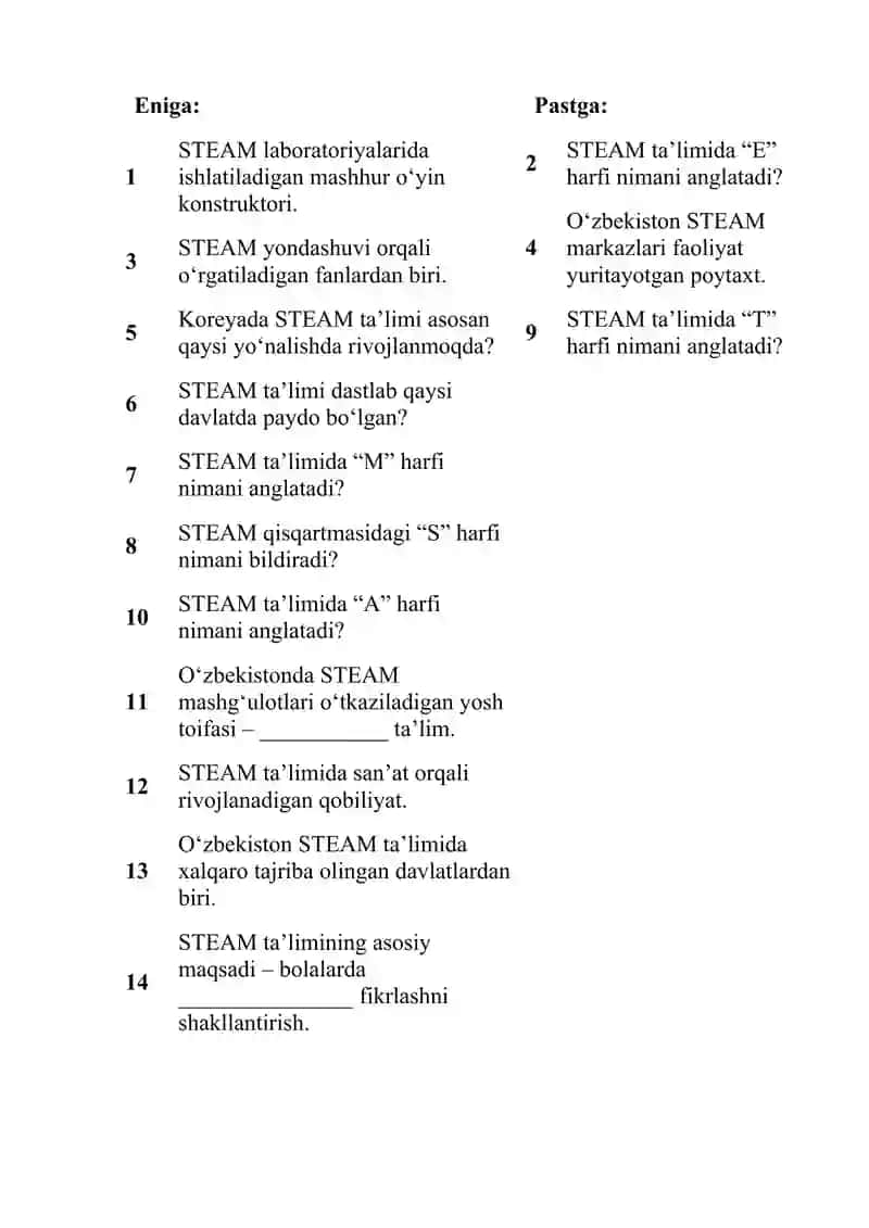 O'zbekistonda STEAM ta'limning rivojlanishi Krossvord 2