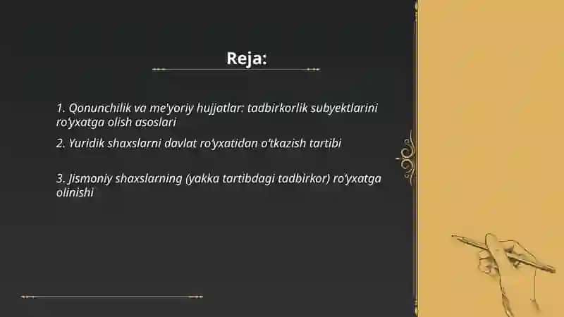 Qonunchilik va me'yoriy hujjatlar: tadbirkorlik subyektlarini roʻyxatga olish asoslari 2