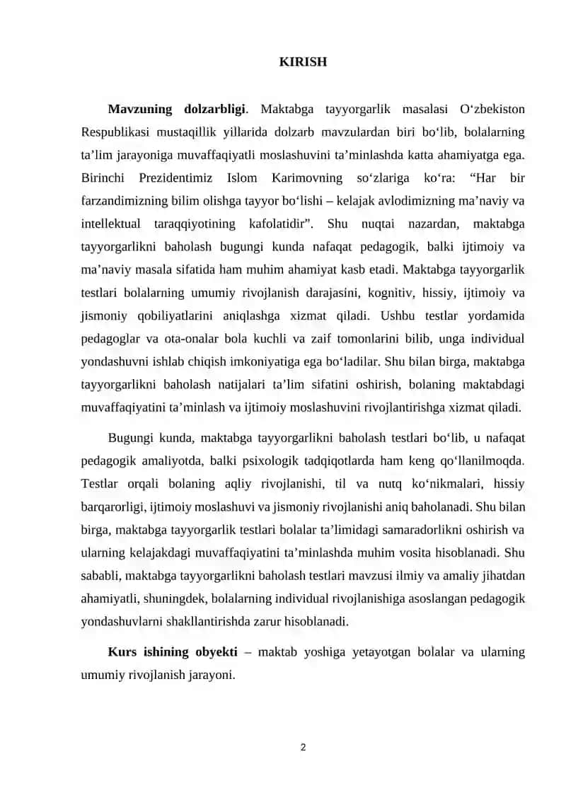 BOLALARNI MAKTABGA PSIXOLOGIK TAYYORGARLIK DIAGNOSTIKASI KURS ISHI 2