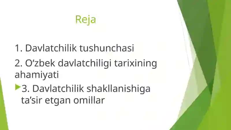 O’zbek davlatchiligi tarixi: yurtimizdagi eng qadimgi davlatlar. O’zbek davlatchiligi tarixi: O’rta asrlar davlatchiligi va ularning ijtimoiy iqtisodiy rivojlanishi. 2