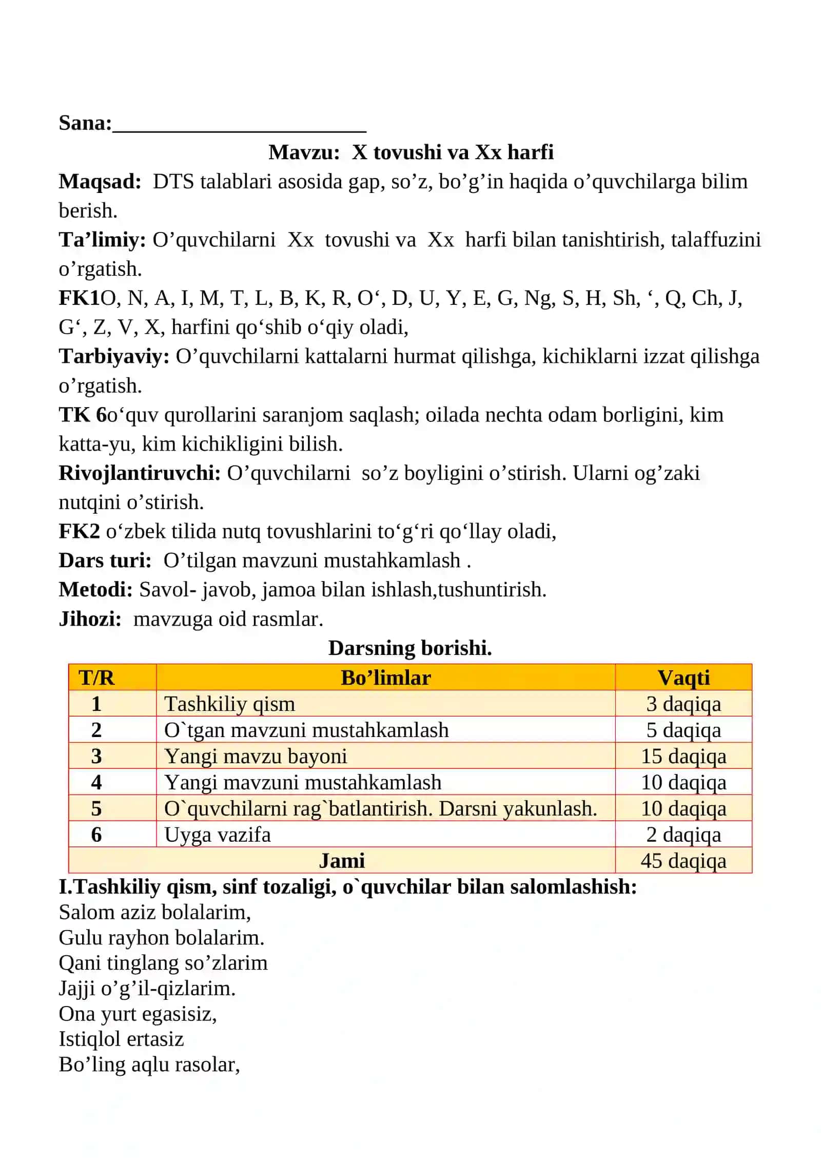 X tovushi va Xx harfi  2-chorak 1-sinf dars ishlanma 2