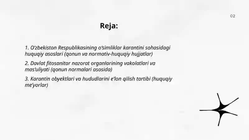 Oʻsimliklar karantini inspeksiyasi mavzusida aniq qonun normalariga asoslangan taqdimot 2