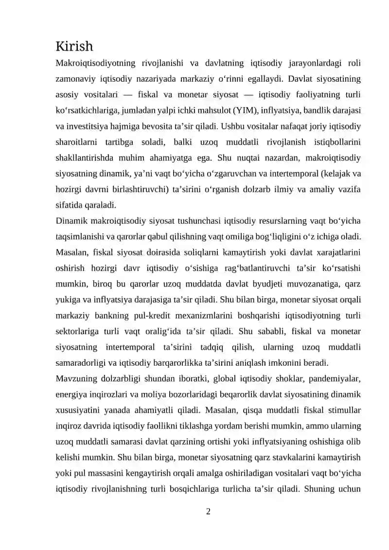 DINAMIK MAKROIQTISODIY SIYOSAT (FISKAL VA MONETAR SIYOSATNING INTERTEMPORAL TASIRI) 2