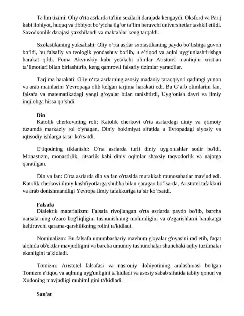 Rivojlangan O'Rta Asrlar Xususiyati 2
