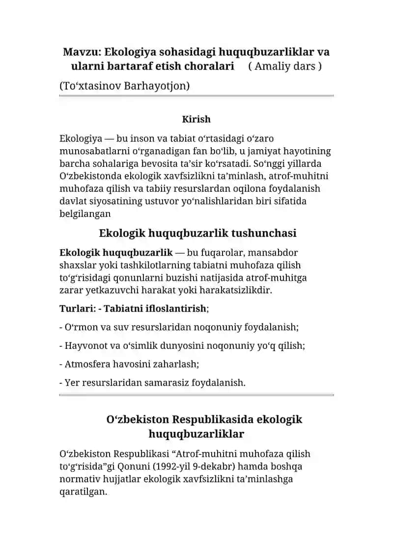 Ekologiya sohasidagi huquqbuzarliklar va ularni bartaraf etish choralari ( Amaliy dars ) 2