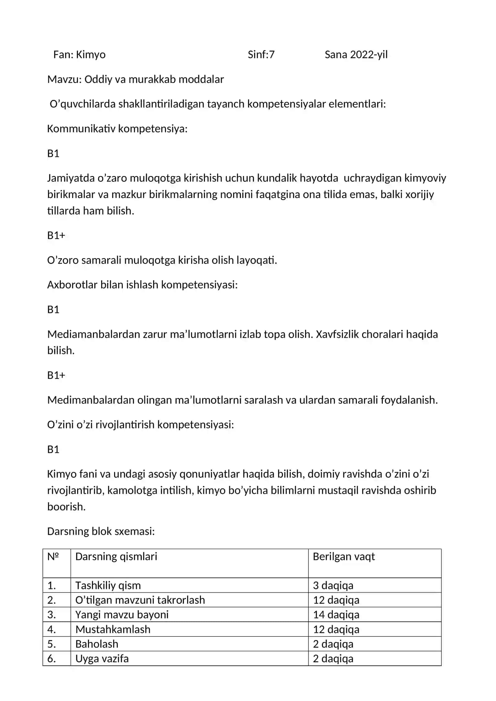 7-sinf Kimyo fanidan Oddiy va murakkab moddalar mavzuda ochiq dars ishlanma 2