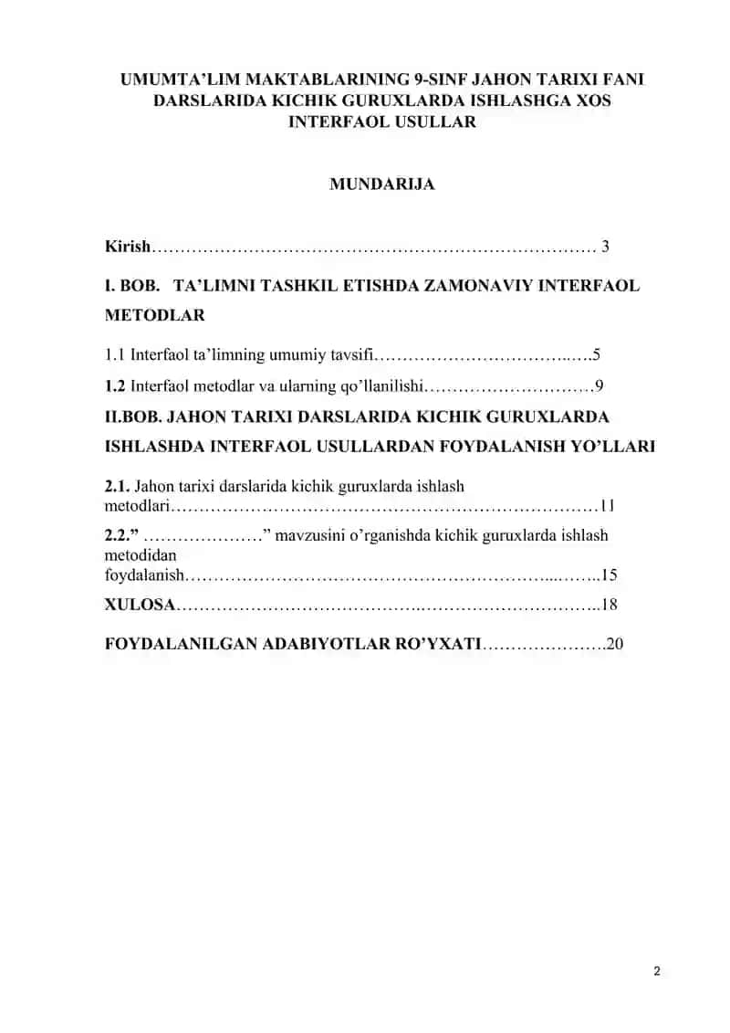 UMUMTA’LIM MAKTABLARINING 9-SINF JAHON TARIXI FANI DARSLARIDA KICHIK GURUXLARDA ISHLASHGA XOS INTERFAOL USULLAR 2