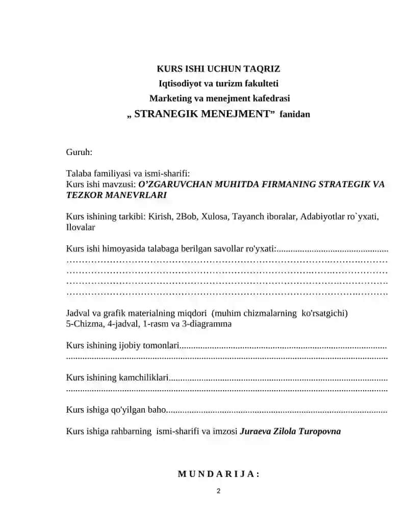 O’ZGARUVCHAN MUHITDA FIRMANING STRATEGIK VA TEZKOR MANEVRLARI 2