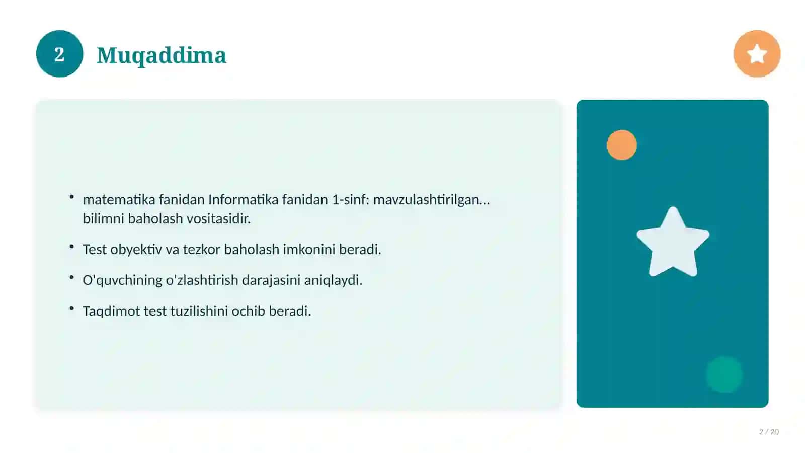 Informatika fanidan 1-sinf: mavzulashtirilgan nazorat ishi 2