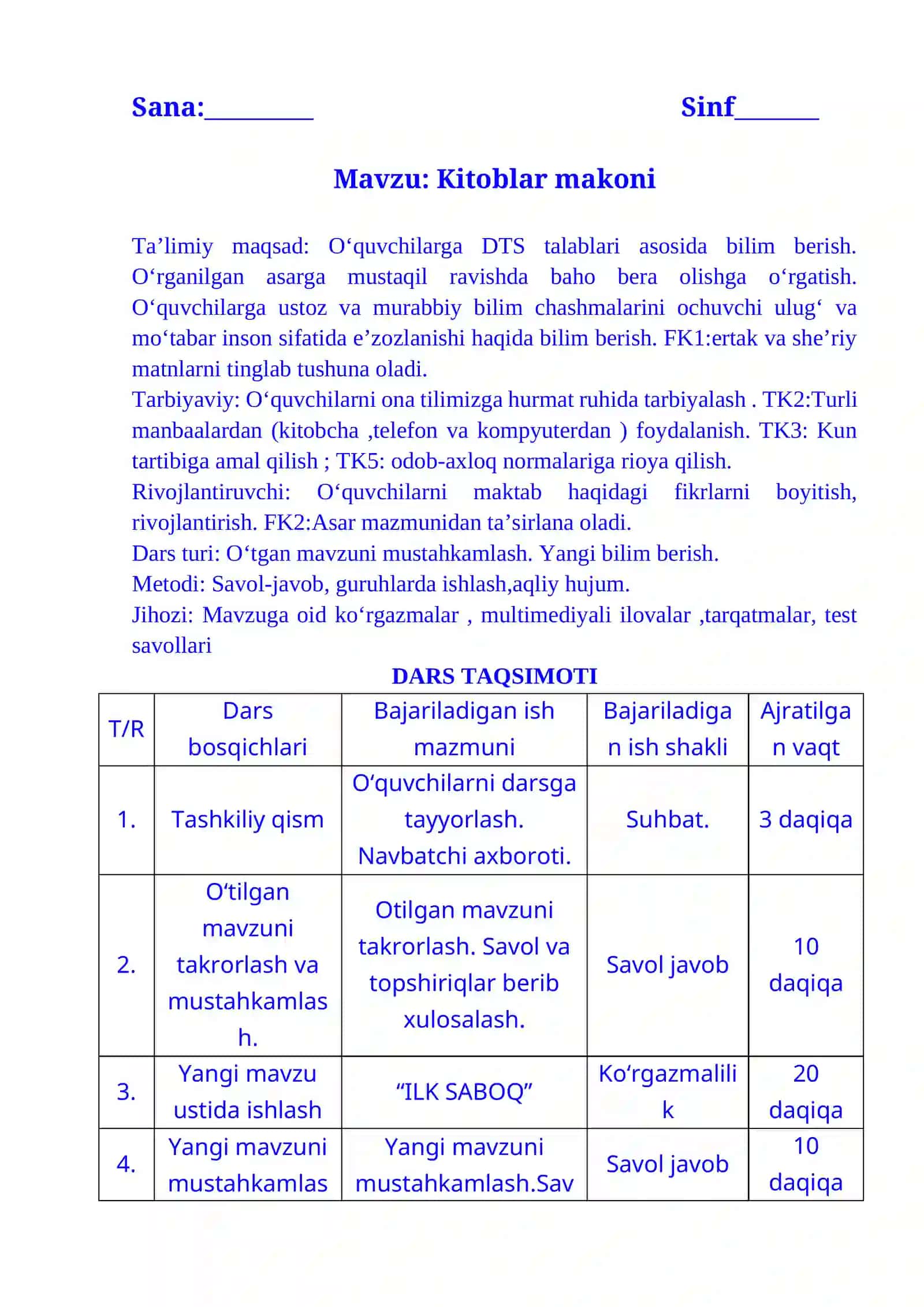 1-sinf o'qish fanidan Kitoblar makoni dars ishlanma 3-chorak 2