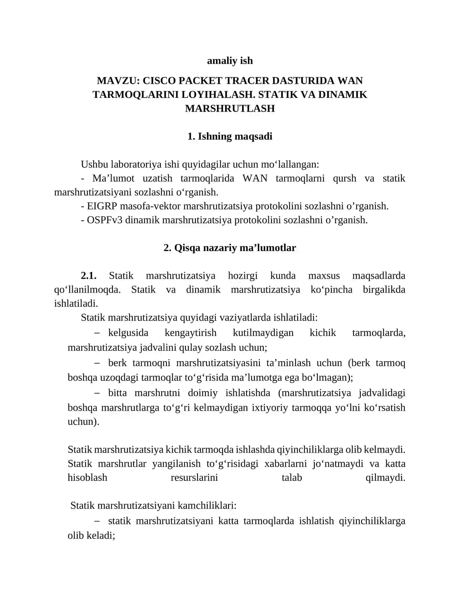 CISCO PACKET TRACER DASTURIDA WAN TARMOQLARINI LOYIHALASH. STATIK VA DINAMIK MARSHRUTLASH 2