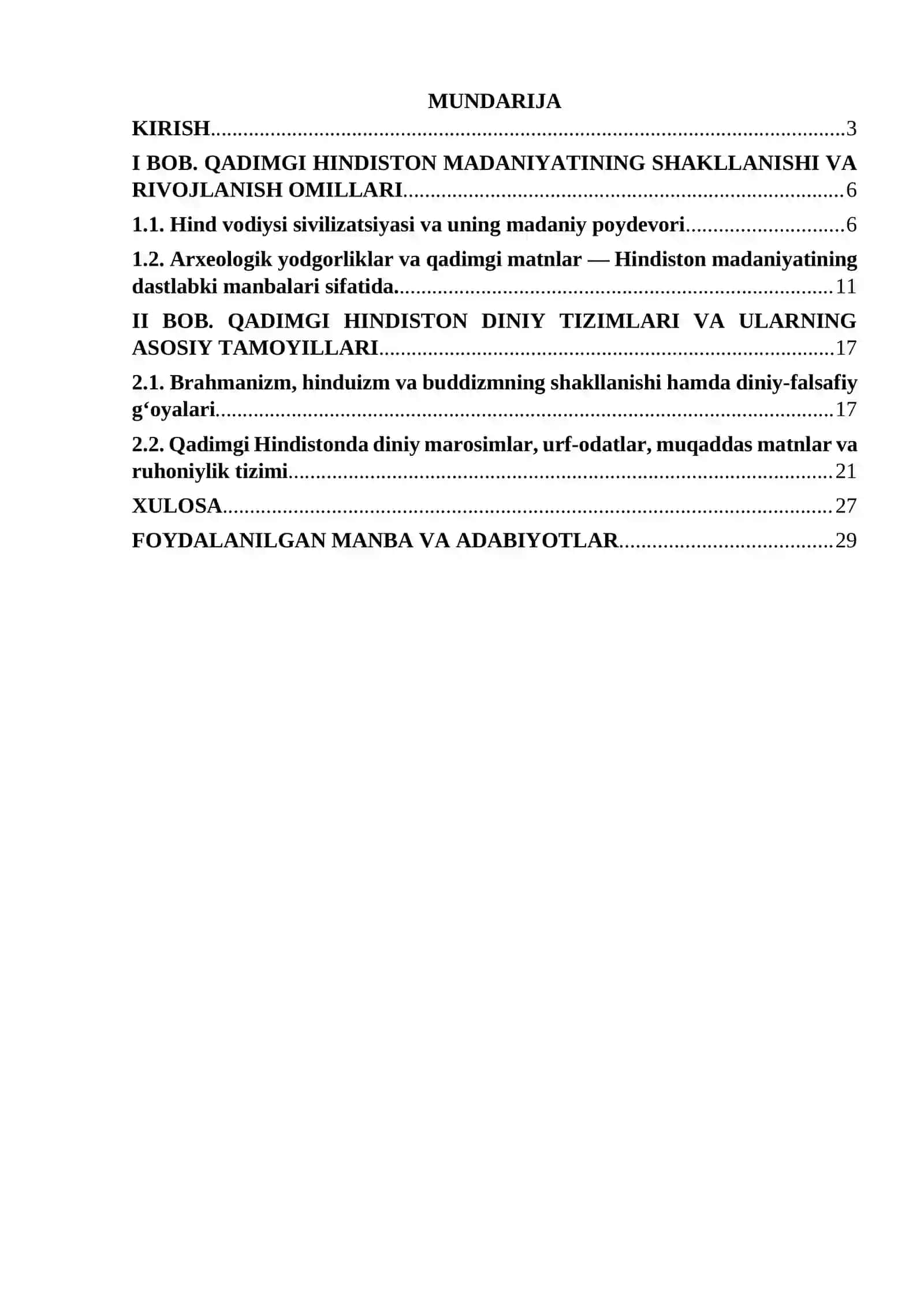 "Qadimgi Hindiston madaniyati va diniy qarashlari" kurs ishi 2