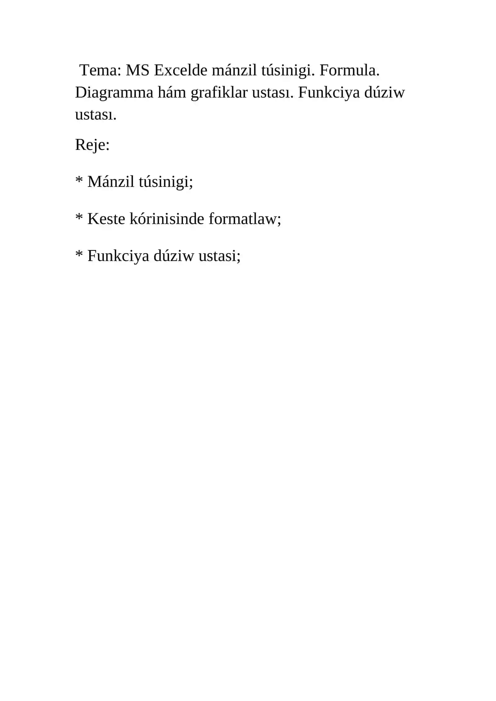 MS Excelde mánzil túsinigi. Formula. Diagramma hám grafiklar ustası. Funkciya dúziw ustası 2