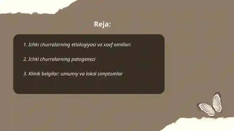 Ichki churralar.Klinik belgilari. Diagnostika, differentsial diagnostikasi. Õz vaqtida diagnostika Abdullayeva Dilnora 2