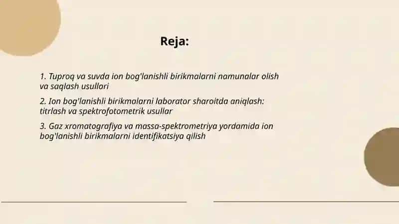 Tuproq va suvda ion bog'lanishli birikmalarni namunalar olish va saqlash usullari 2