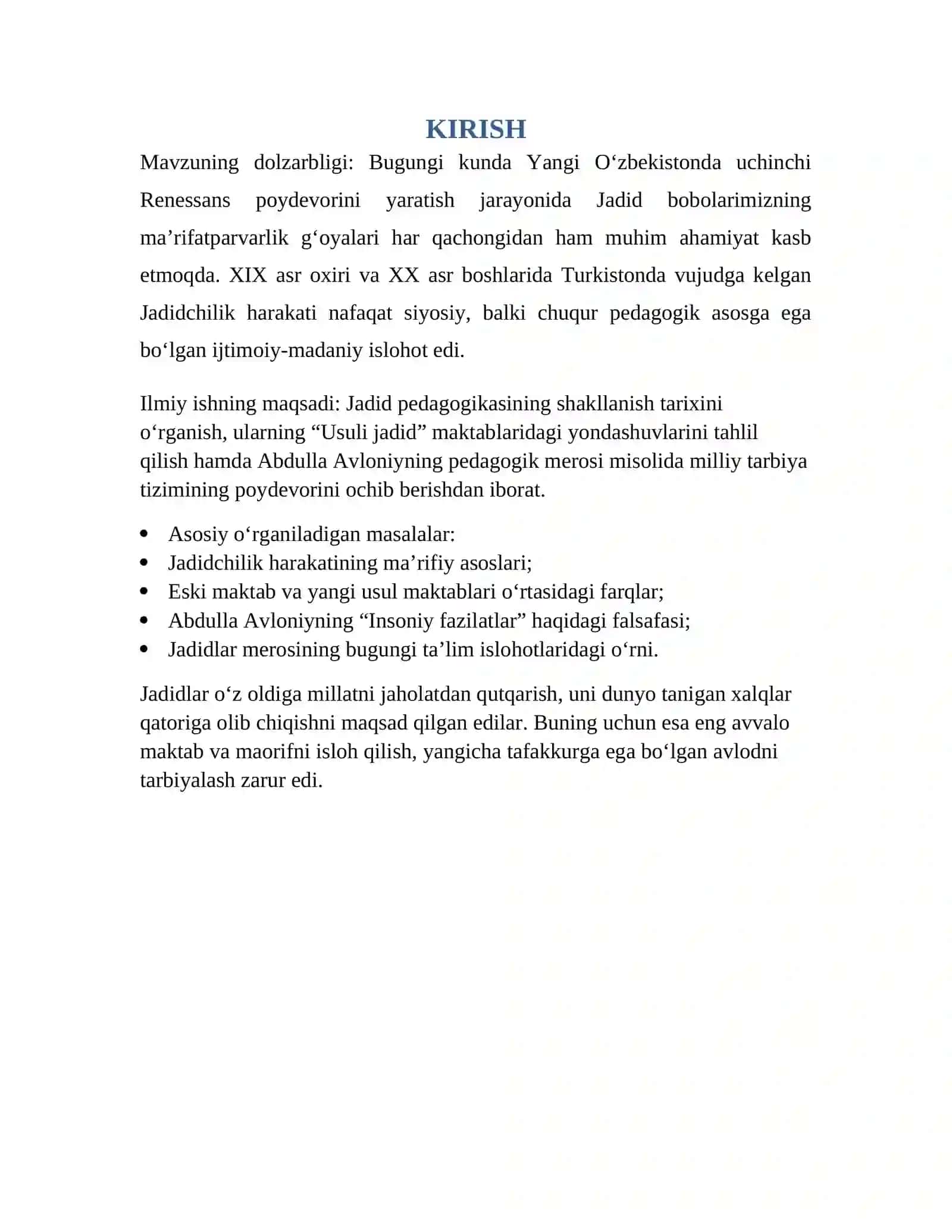 “JADID MA’RIFATPARVARLARNING PEDAGOGIK QARASHLARI. ABDULLA AVLONIYNING PEDAGOGIK QARASHLARI” 2