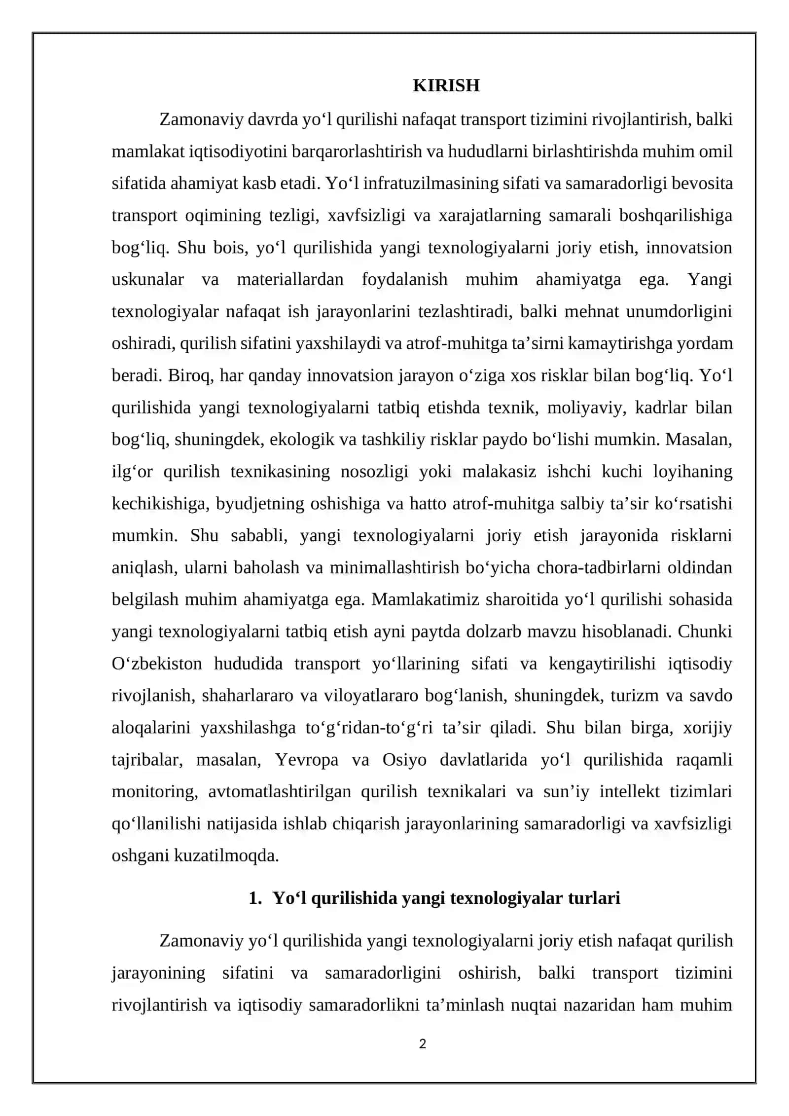 Yo‘l qurilishida yangi texnologiyalarni joriy etishdagi risklar 2