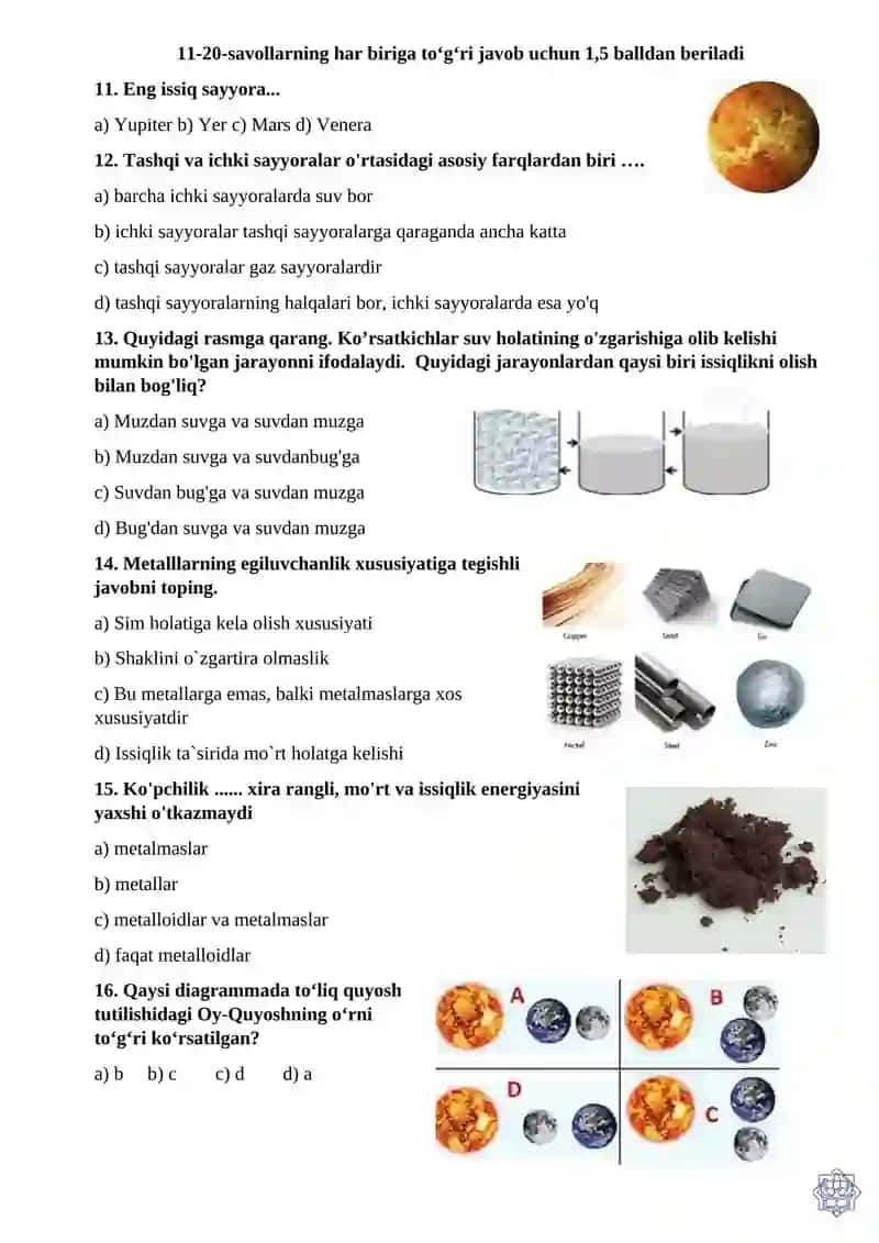 5-sinf Science fanidan test savollari 2