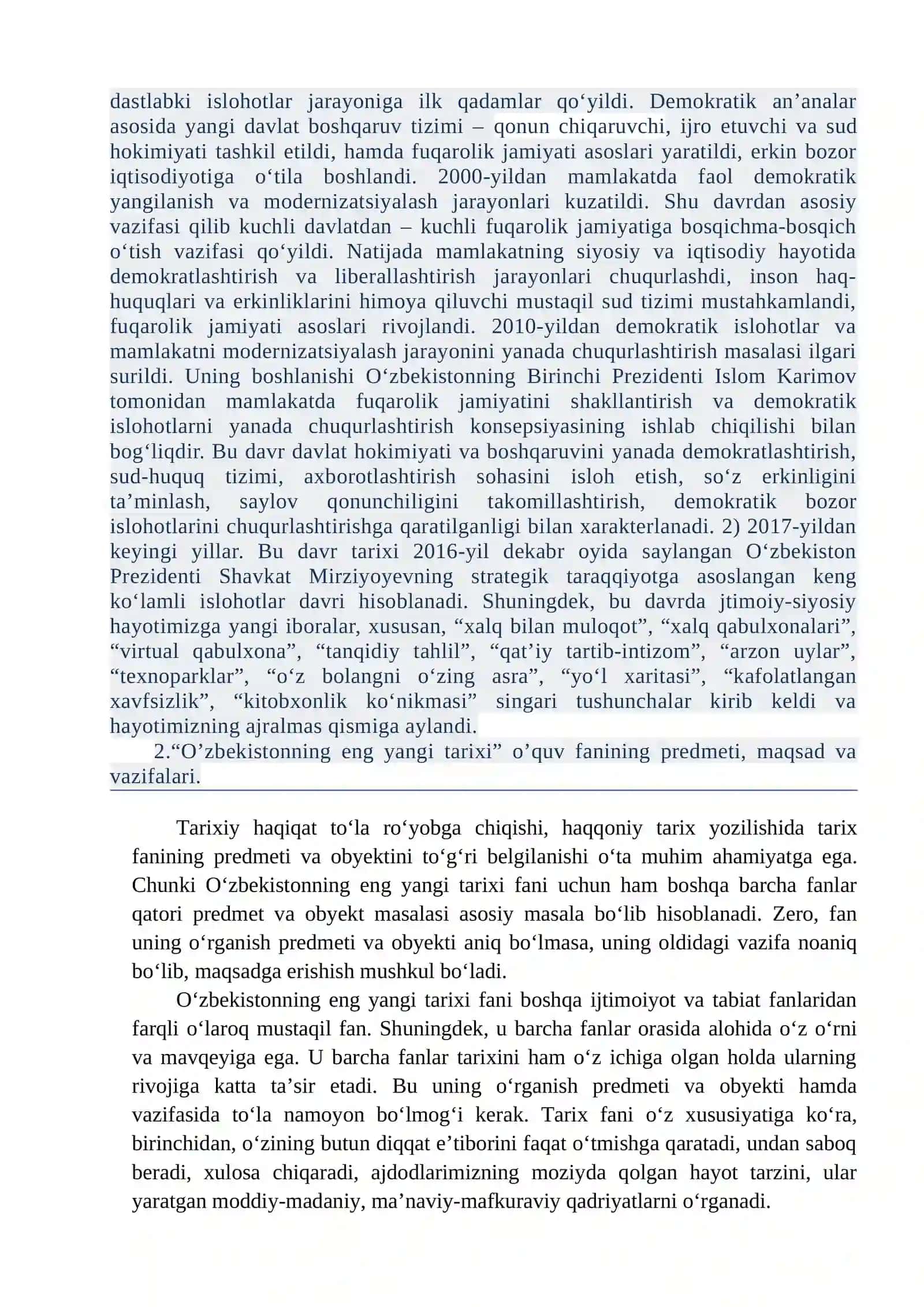 O‘zbekistonning eng yangi tarixi o`quv fanining predmeti, maqsadi vazifalari, nazariy metodologik tamoyillari 2