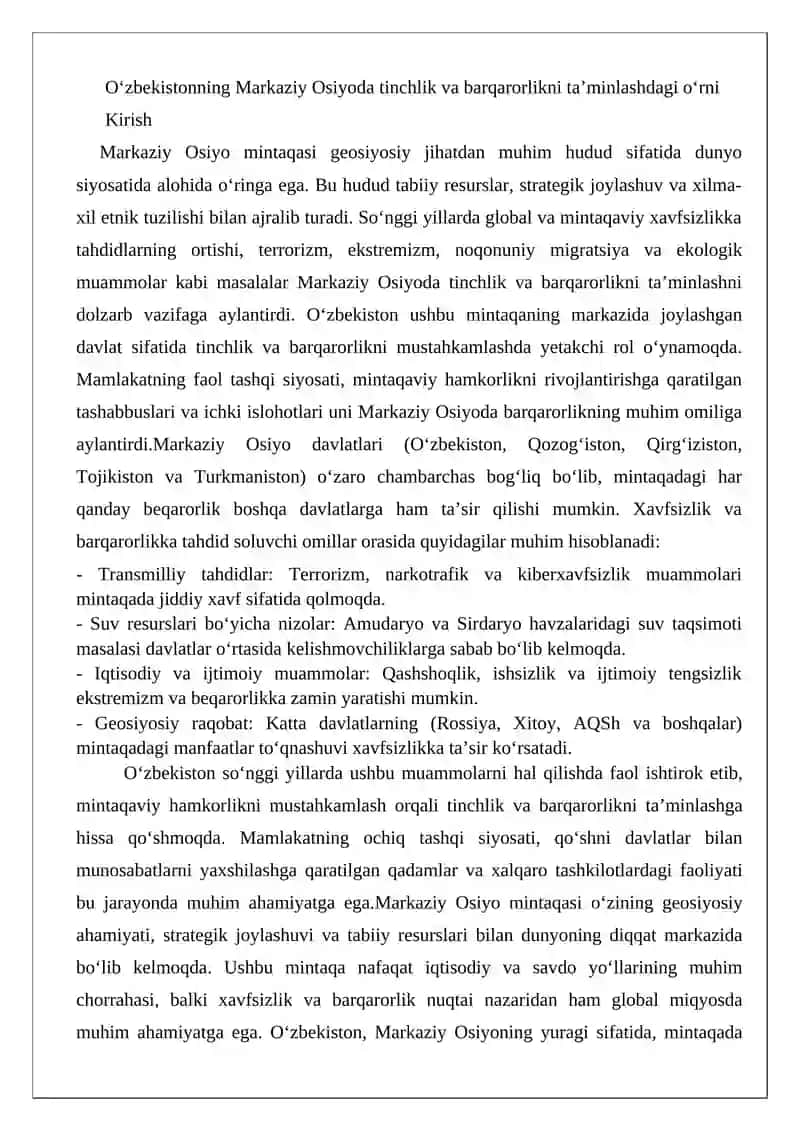 O‘zbekistonning Markaziy Osiyoda tinchlik va barqarorlikni ta’minlashdagi o‘rni 2