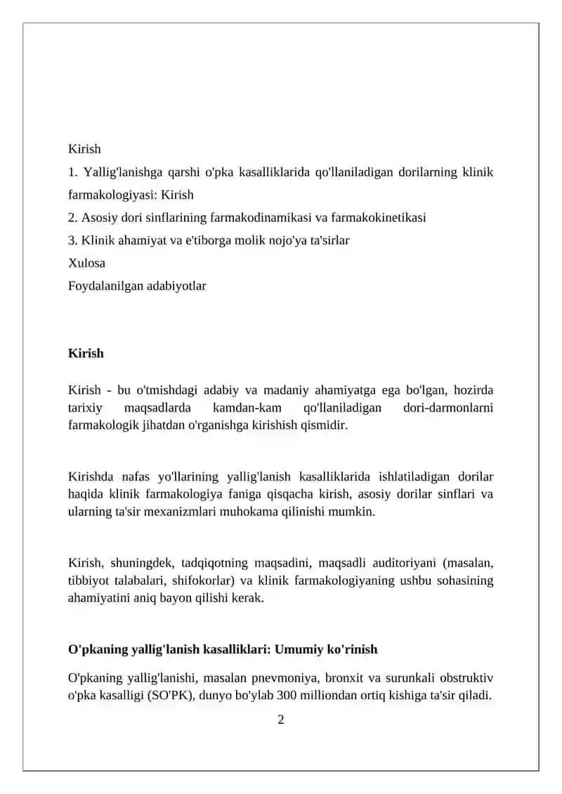 O’pkaning yallig’lanish kasalliklarida ishlatiladigan dorilar klinik farmakologiyasi 2