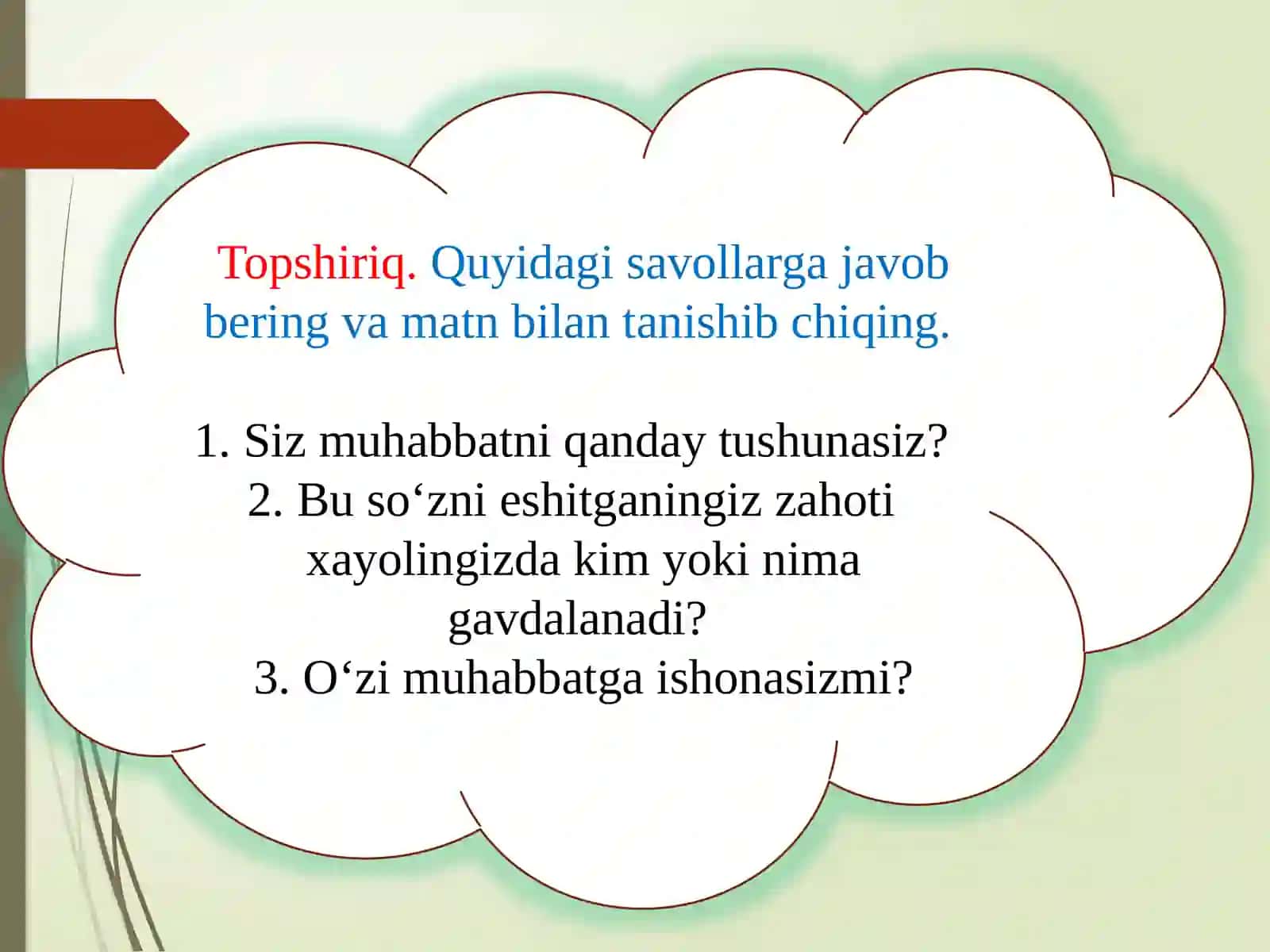 10-sinf Ona tili fanidan dars ishlanma. Muhabbat o'zi nima matni. Matn turlari. Nutq uslublari 2