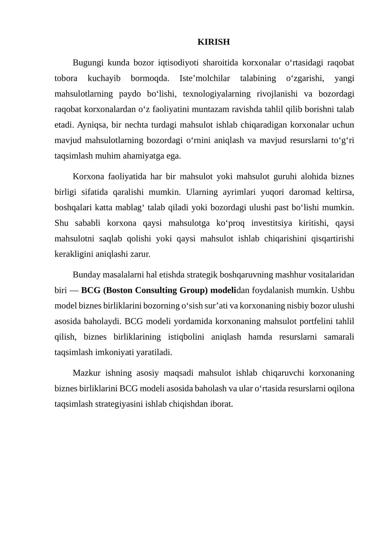 MAHSULOTLI KORXONANING BIZNES BIRLIKLARINI BCG MODELI ASOSIDA BAHOLASH VA RESURSLARNI TAQSIMLASH STRATEGIYASINI ISHLAB CHIQISH 2