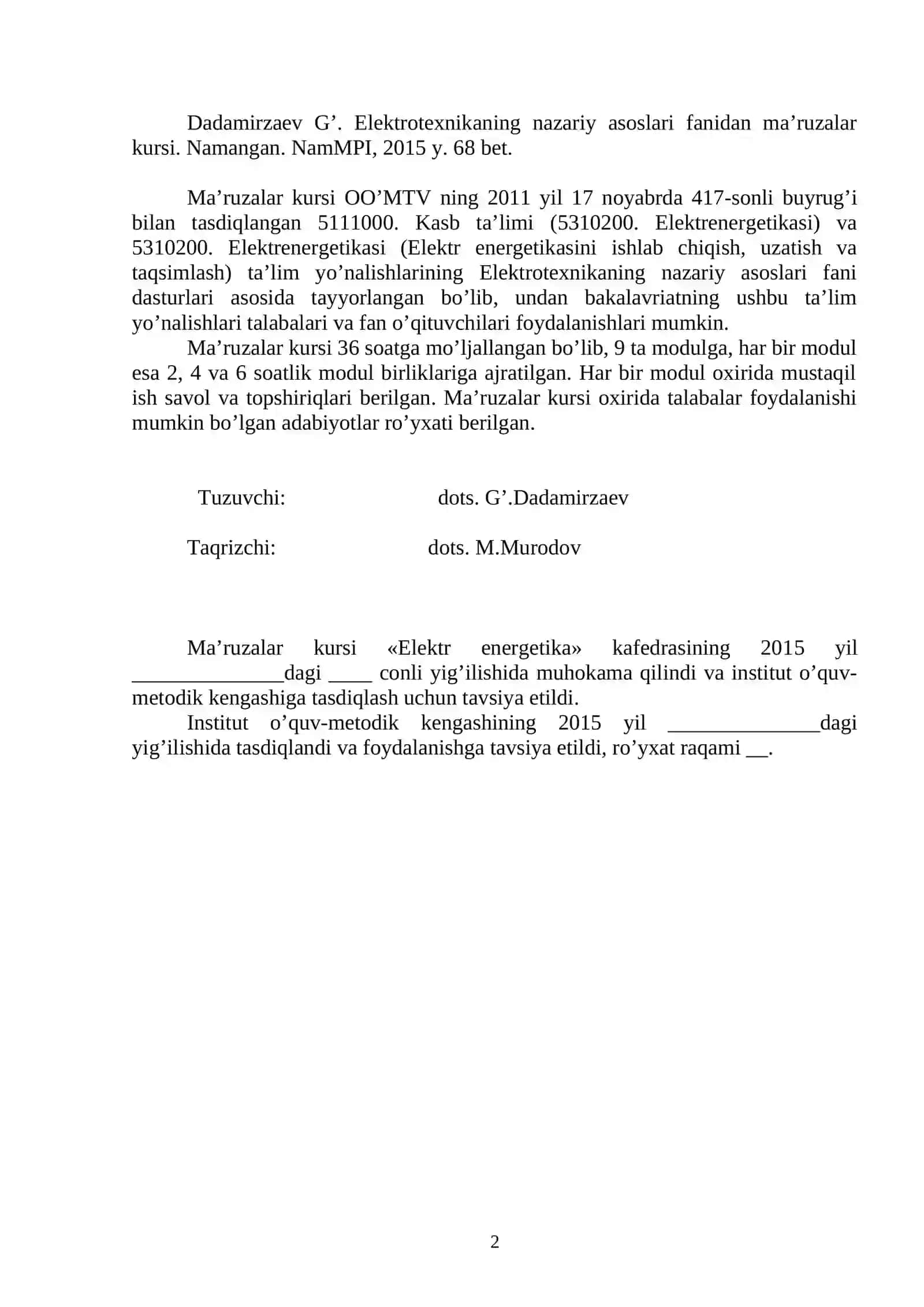 Elektrotexnikaning nazariy asoslari fanidan ma’ruzalar kursi (1-qism) 2