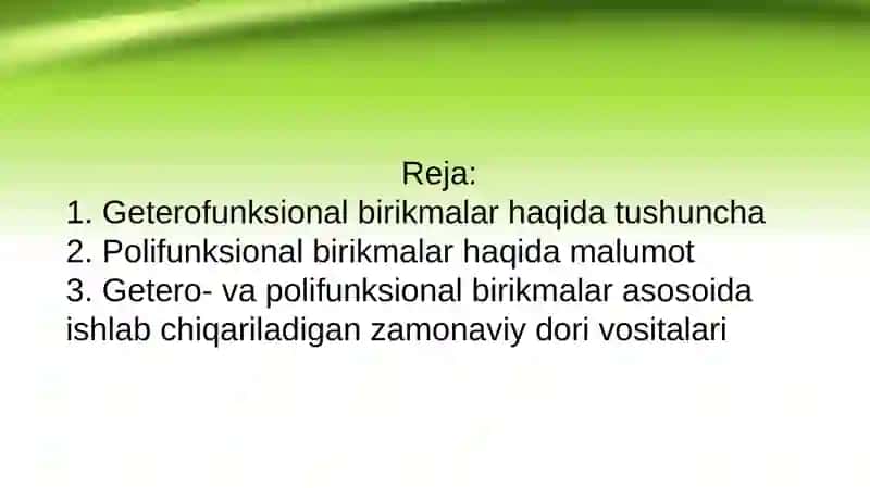 Getero- va polifunksional birikmalar asosoida ishlab chiqariladigan zamonaviy dori vositalari 2