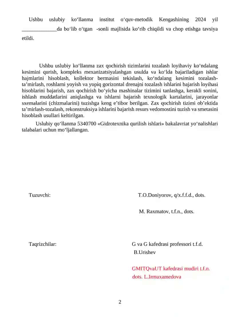 "ZAX QOCHIRISH TARMOQLARINI TOZALASH-TIKLASH ISHLARINI TASHKIL QILISH" 2