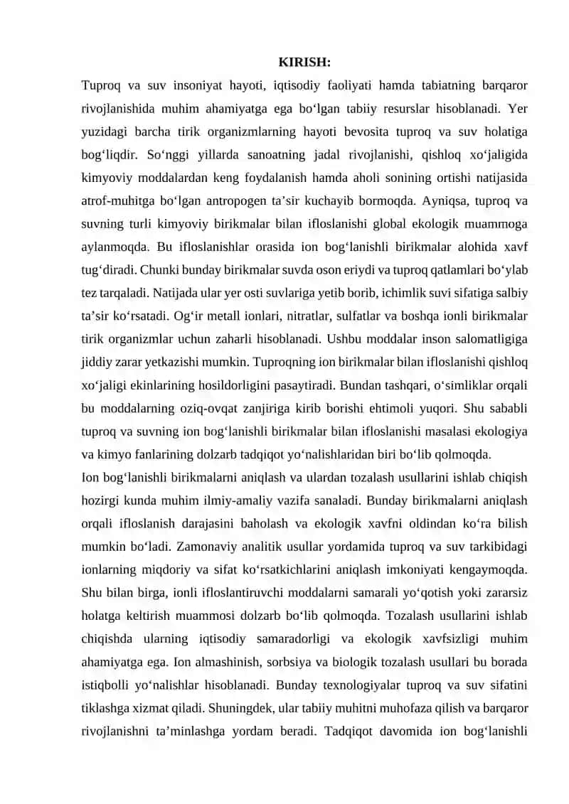 Tuproq va suvning ifloslanishida ion bog‘lanishli birikmalarni aniqlash va tozalash usullari 2