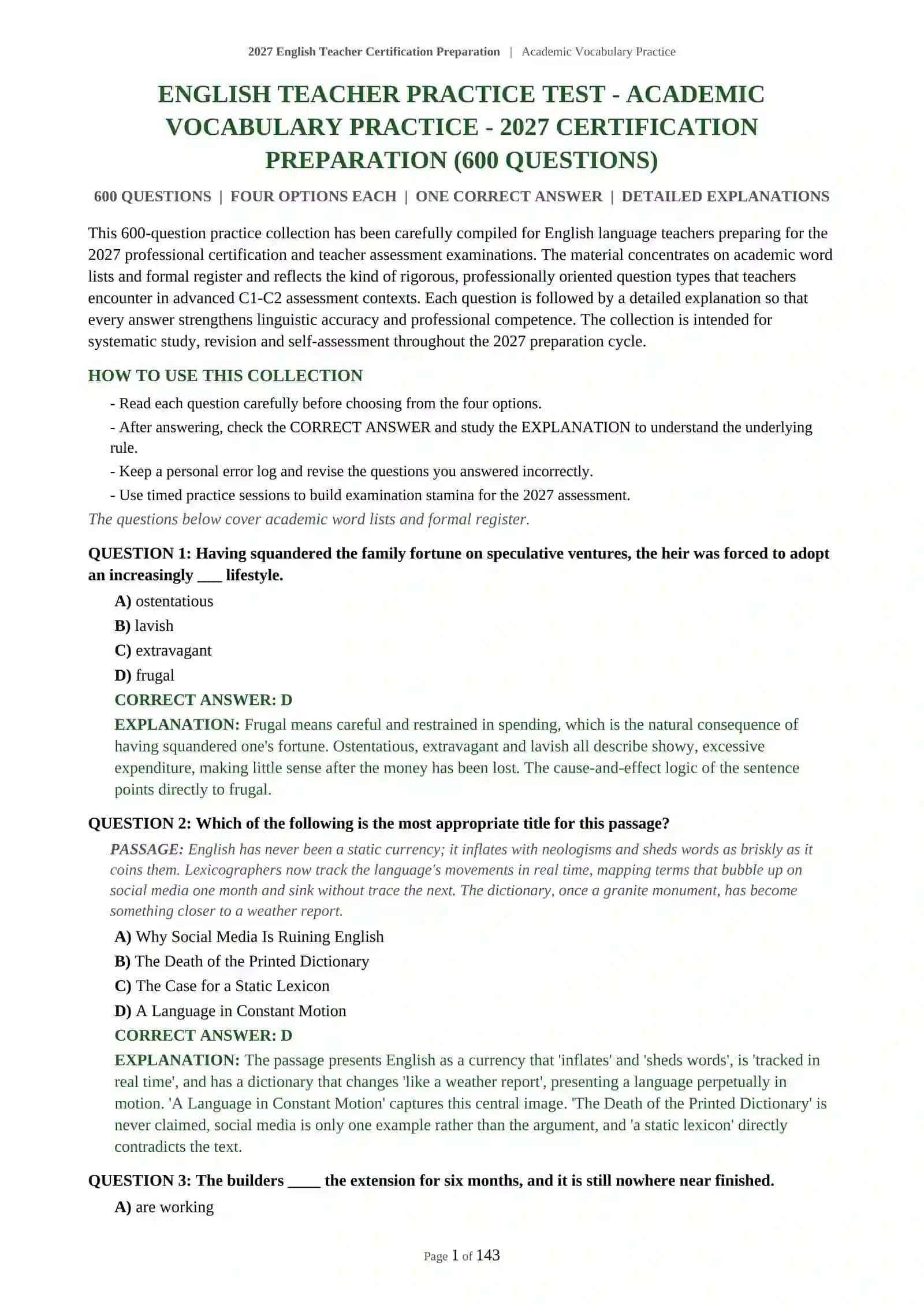 2027 English Teacher Certification Preparation | Academic Vocabulary Practice 2