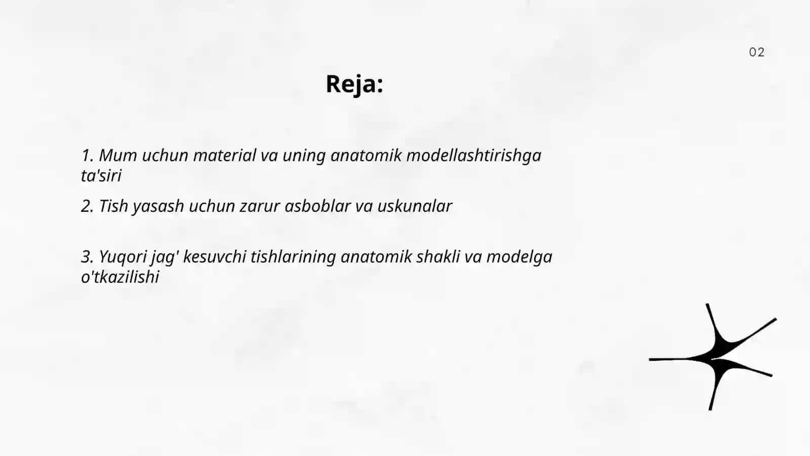 Yuqori va pastki jag' tishlarining anatomik shakllarini mumdan yasash(modellashtirish). O'ng va chap tomondagi tishlarning bir-biridan farqi 2