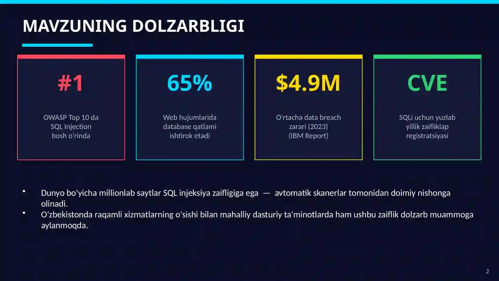SQL INJEKSIYA HUJUMLARI VA ULARNI OLDINI OLISH VOSITALARINING TADQIQI 2