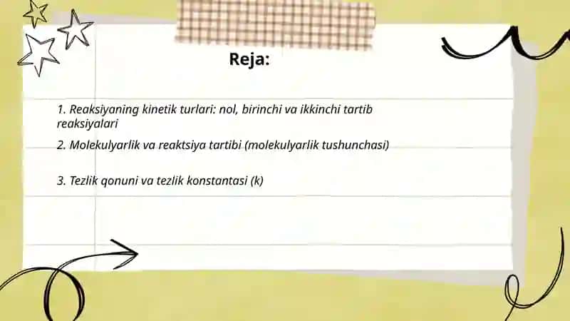 Kimyoviy reaksiyalarning kinetik jihatdan turlari. Kinetikaning nazariyalari. Eritmada boradigan reaksiya kinetikasi Qaytar reaksiyalar kinetikasi 2