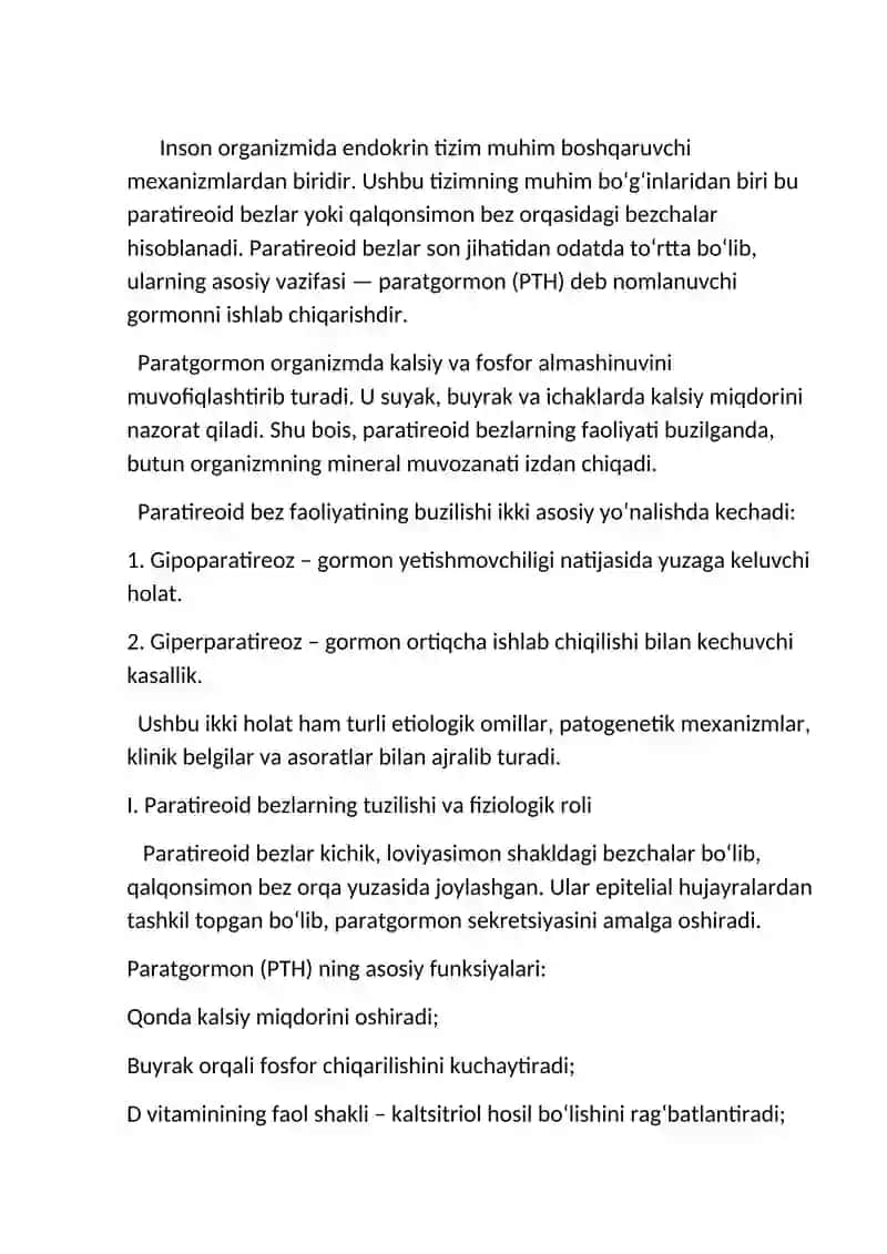 Parateriod bezi kasalliklari. Gibi- va giperparateriodizm ( etilogiyasi patogenezi, klinikasi, tashxislash, qiyosiy tashxisqo'yish, davolash 2