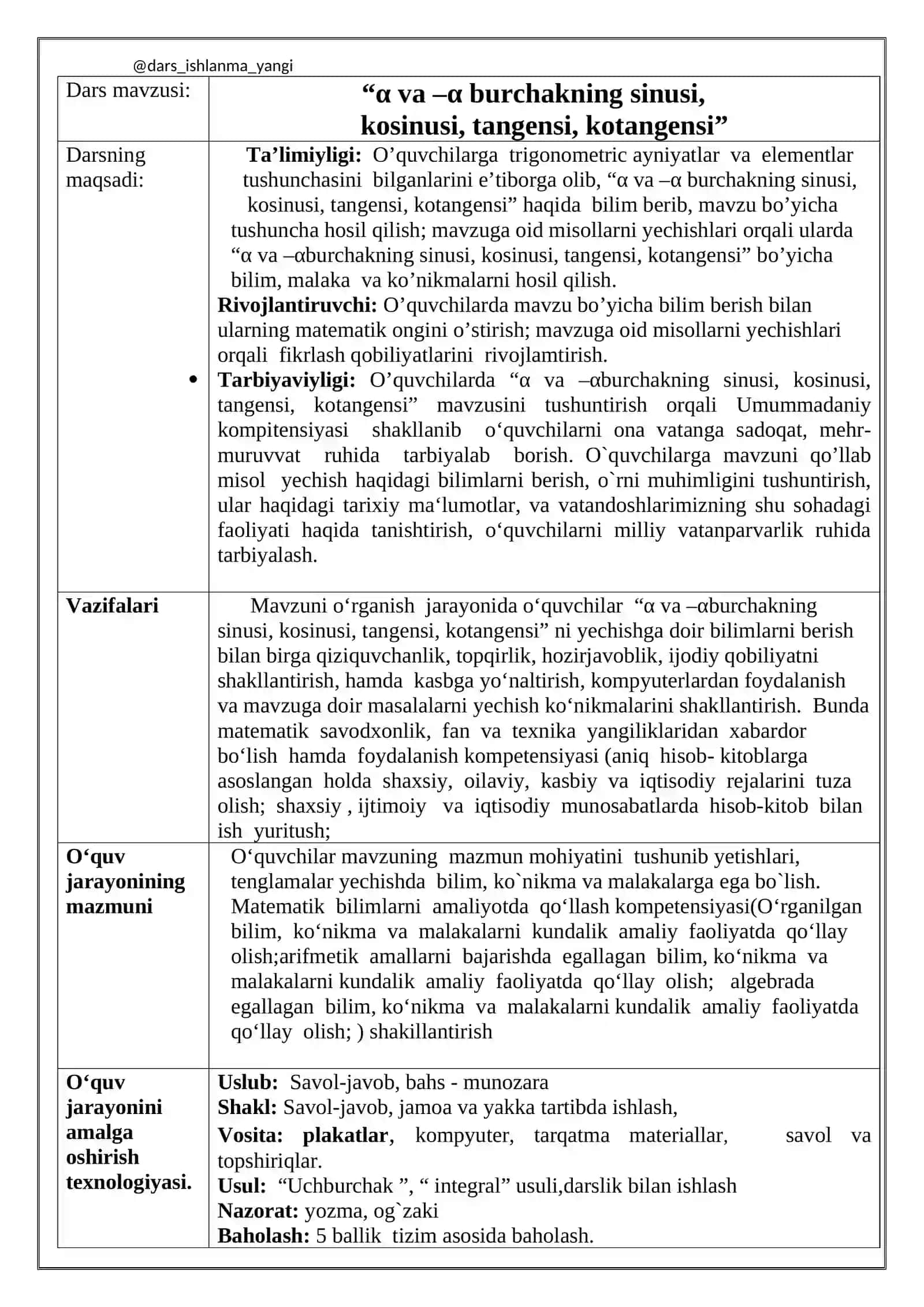 Dars ishlanmasi "α va –α burchakning sinusi, kosinusi, tangensi, kotangensi" 2