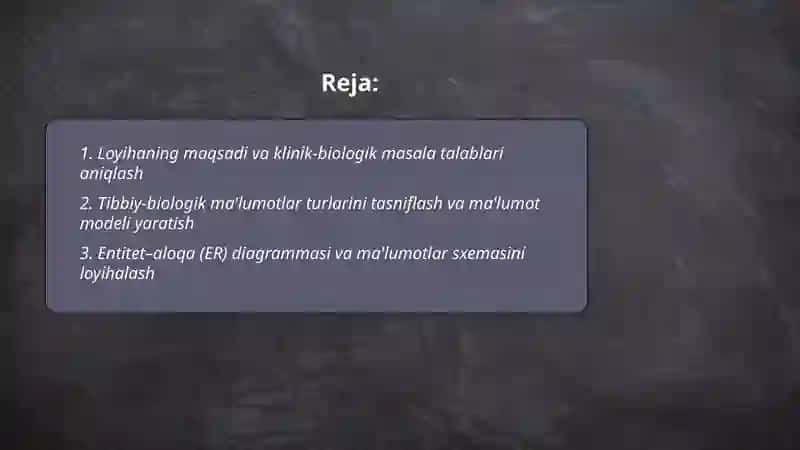 Tibbiy biologik masalani yechish misolida ma‘lumotlarni tashkil qilish va kiritish ma‘lumotlar bazasini yaratish 2