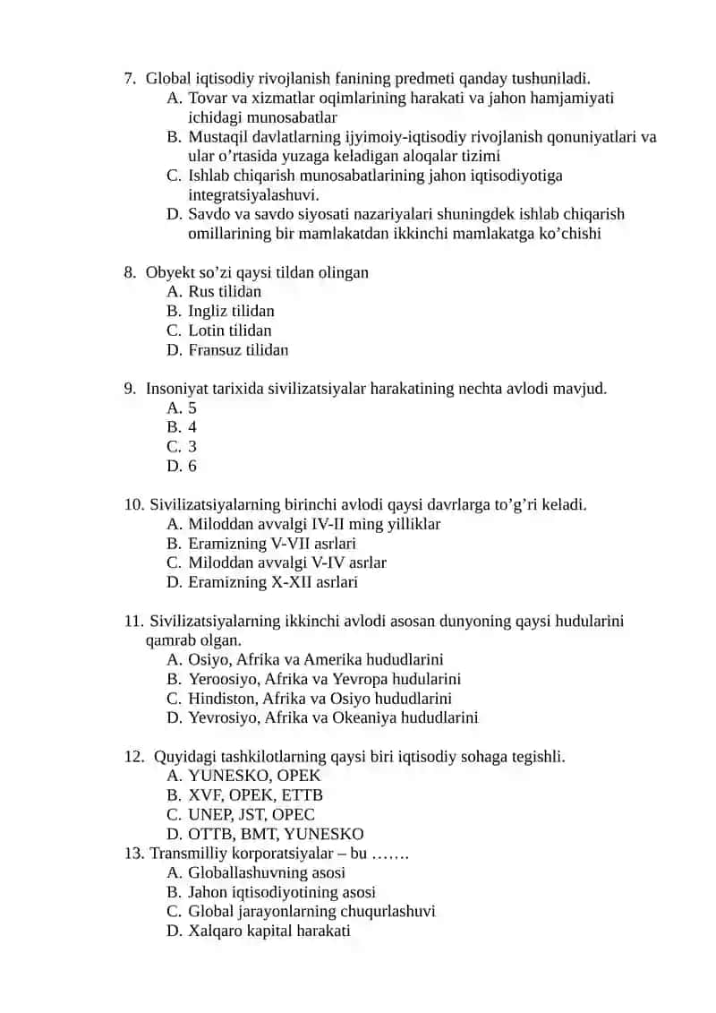 Global iqtisodiy rivojlanish fanidan Yakuniy nazorat savollari 2