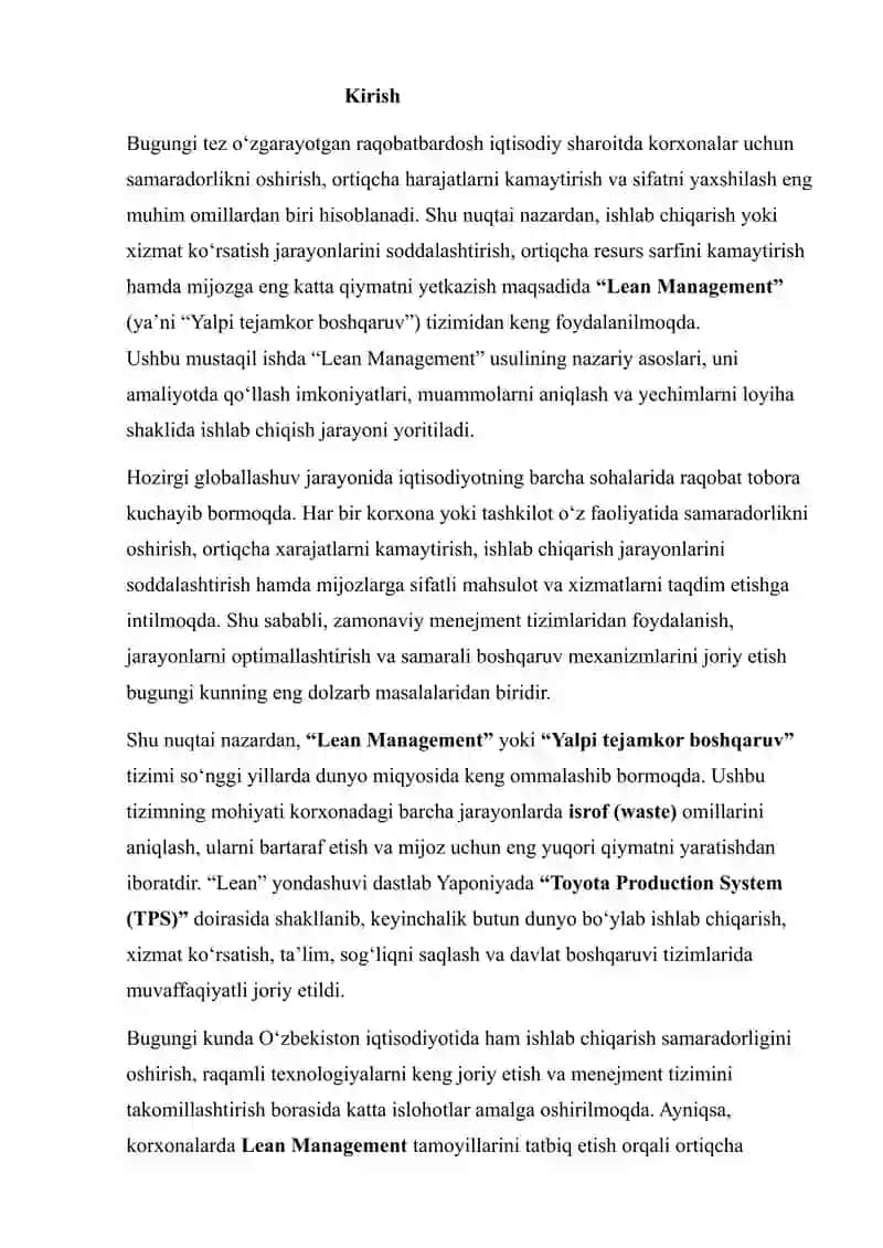 ISHLASH JARAYONINI SODDALASHTIRISH UCHUN “LEAN MANAGEMENT” USULINI QO‘LLASH: MUAMMONI ANIQLASH VA YECHIMLARNI LOYIHA SHAKLIDA ISHLAB CHIQISH 2