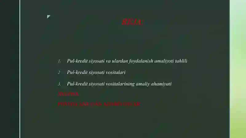 PUL KREDIT SIYOSATI VA ULARDAN FOYDALANISH AMALIYOTI TAHLILI. 2