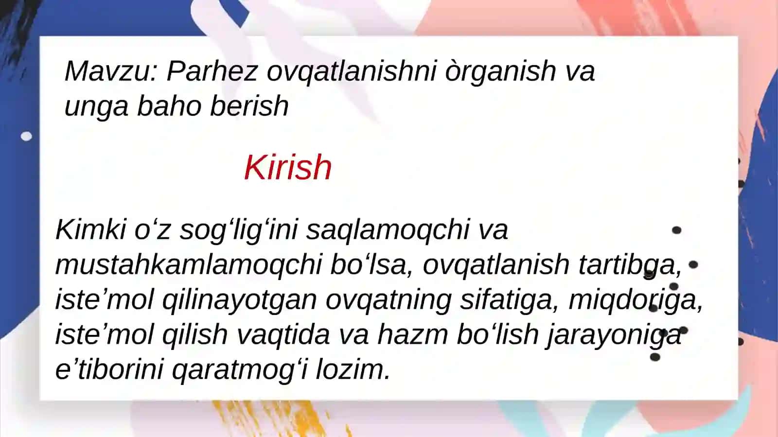 Parhez ovqatlanishni o’rganish va unga baho berish 2