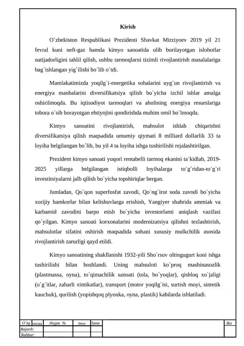 O`zbekiston Respublikasi Prezidenti Shavkat Mirziyoev 2019 yil 21 fevral kuni neft-gaz hamda kimyo sanoatida olib borilayotgan islohotlar natijadorligini tahlil qilish 2