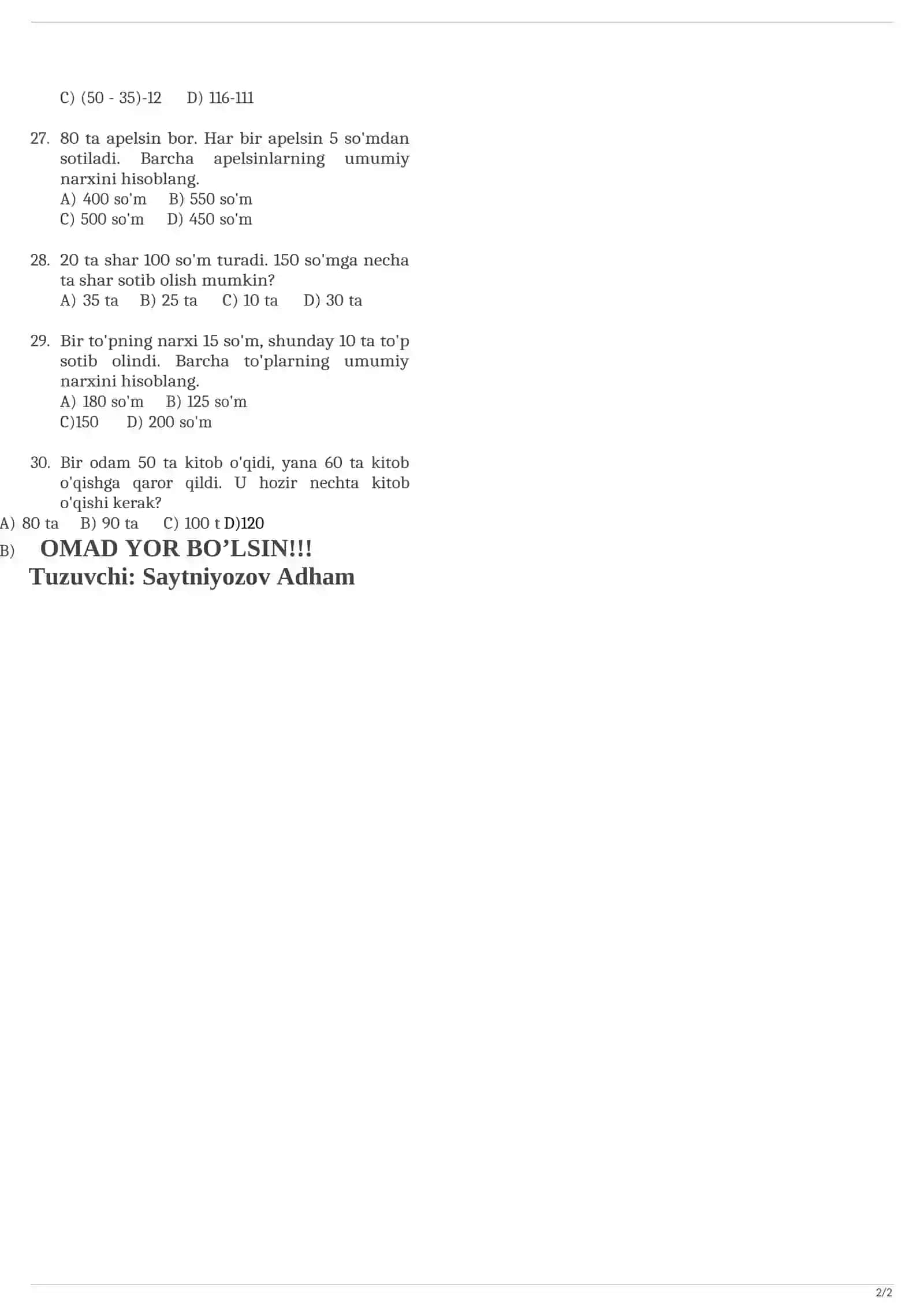 31-maktab 2-sinf 2-variant 2
