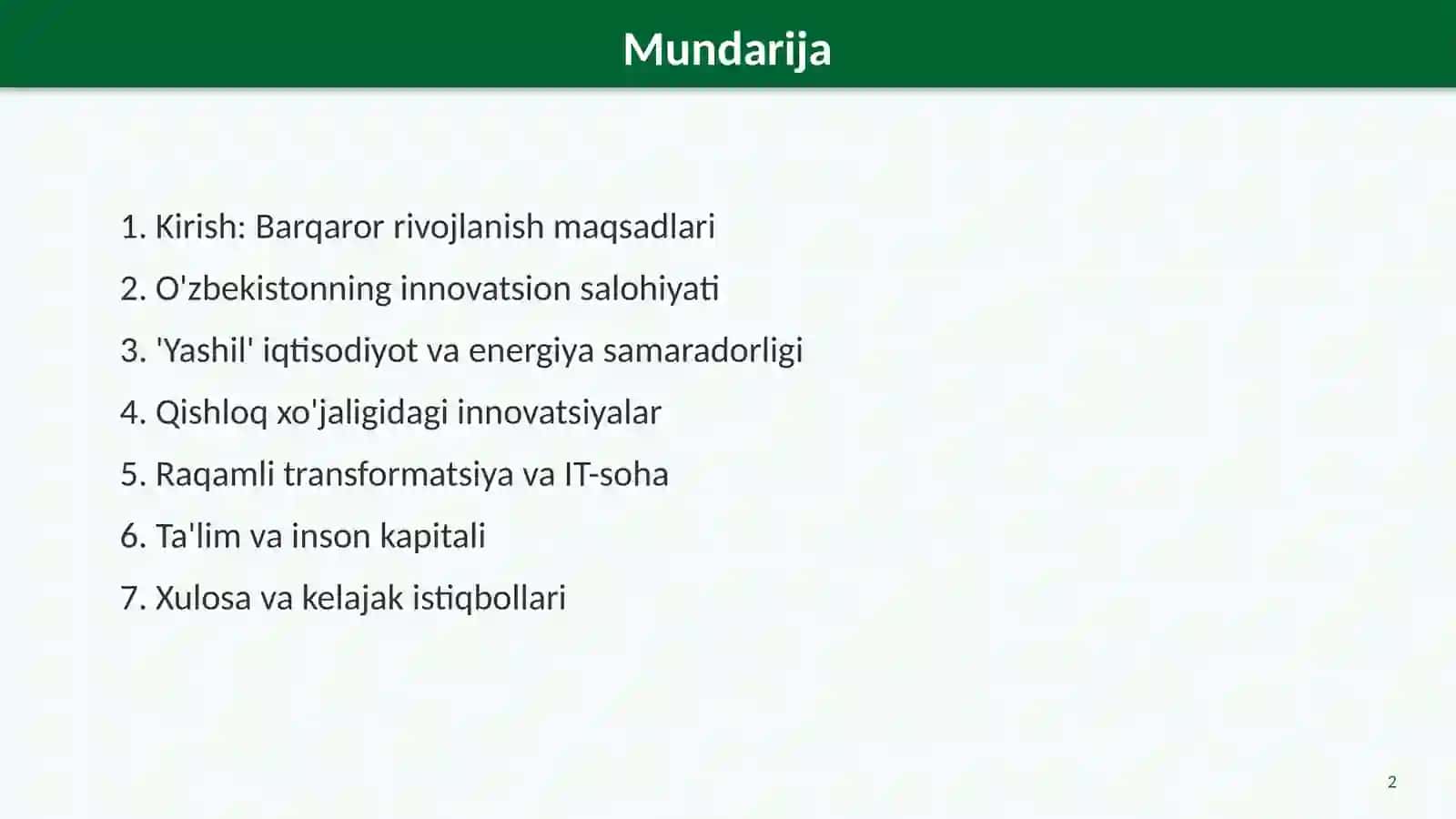 O'zbekistonda barqaror rivojlanish uchun zamonaviy innovatsiyalar 2