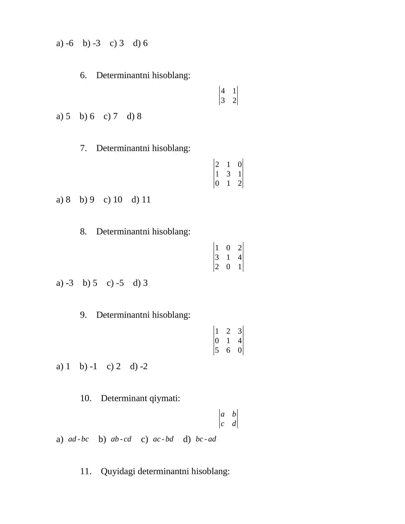 CHIZIQLI ALGEBRA FANIDAN TEST SAVOLLARI 2