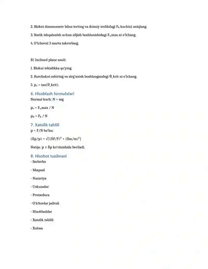 Ishqalanish qarshiligining koeffisientini eksperimental aniqlash 2