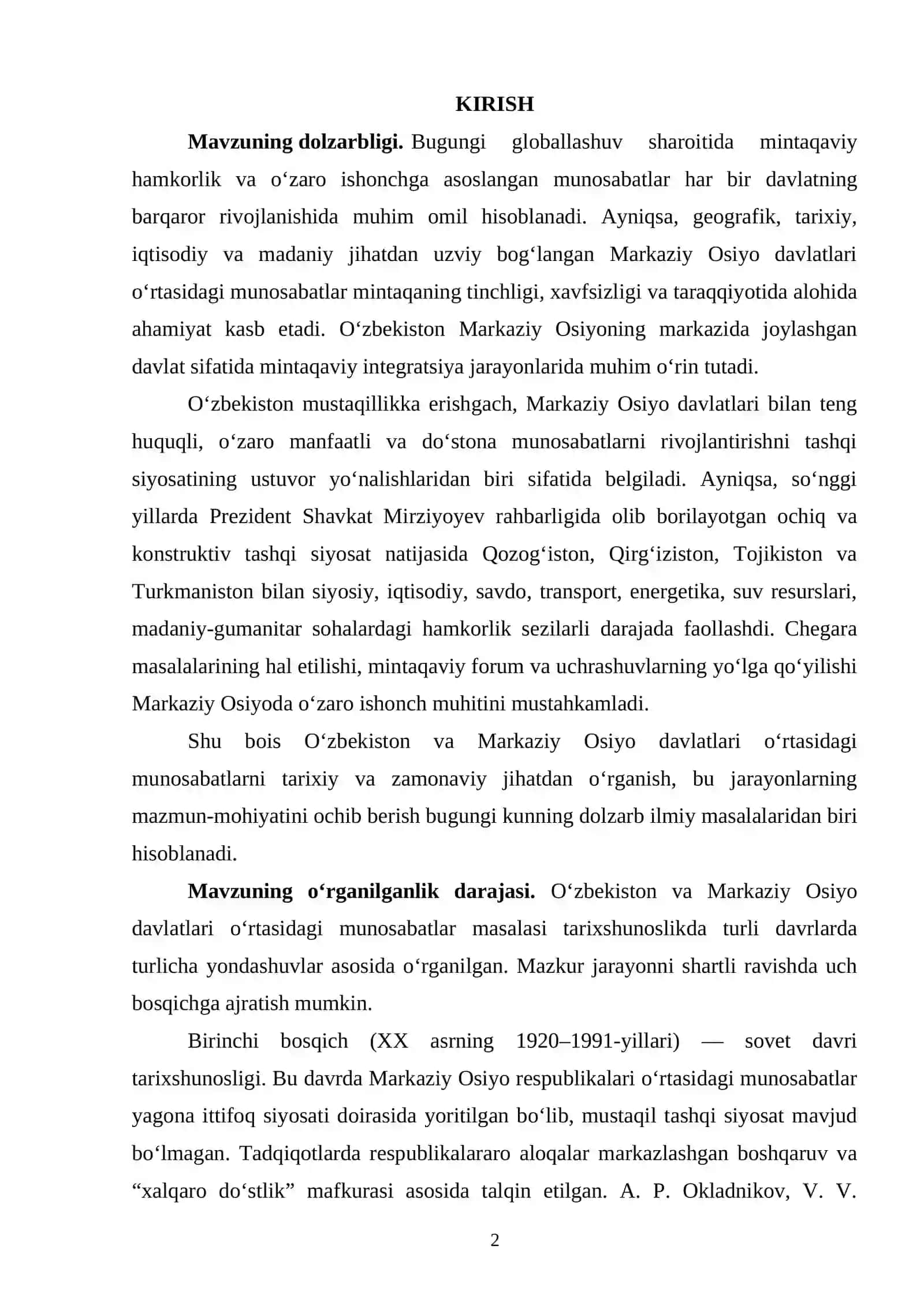 O’zbekiston va Markaziy Osiyo davlatlari o’rtasidagi munosabatlar 2