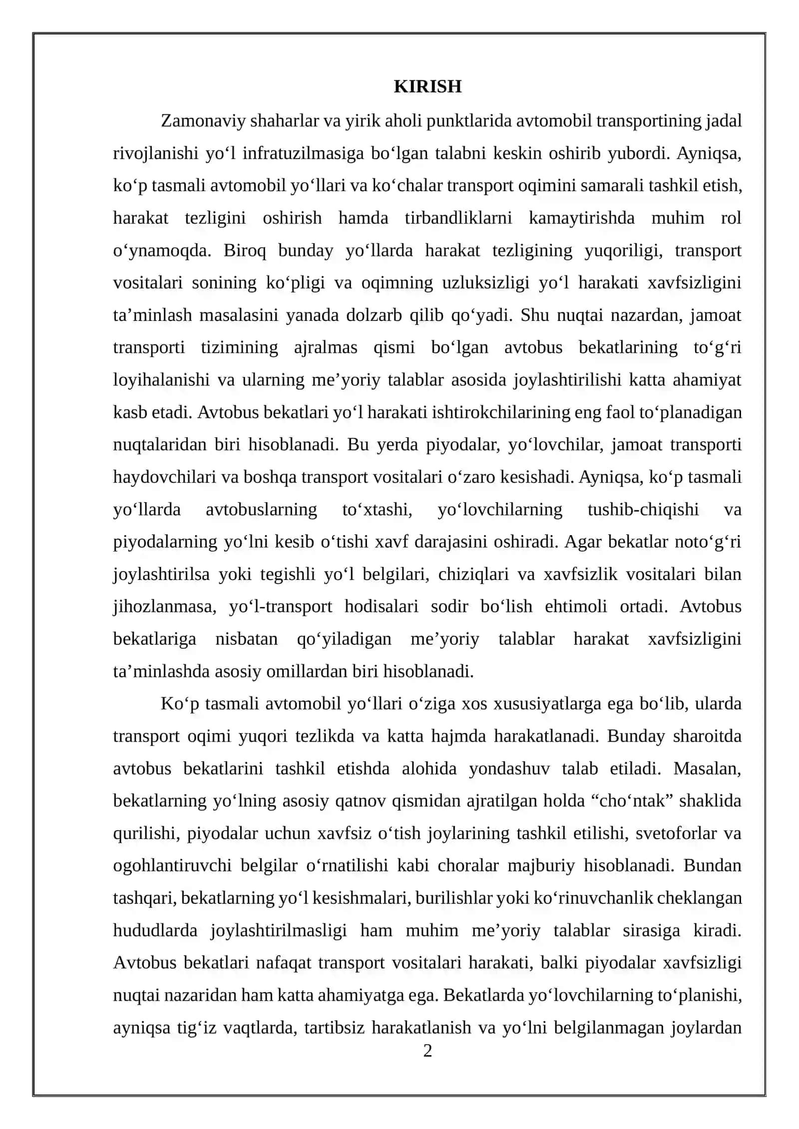 Ko‘p tasmali avtomobil yo‘llari va ko‘chalaridagi avtobus bekatlariga harakat xavfsizligi bo‘yicha qo‘yilgan me’yoriy talablarni o‘rganish 2