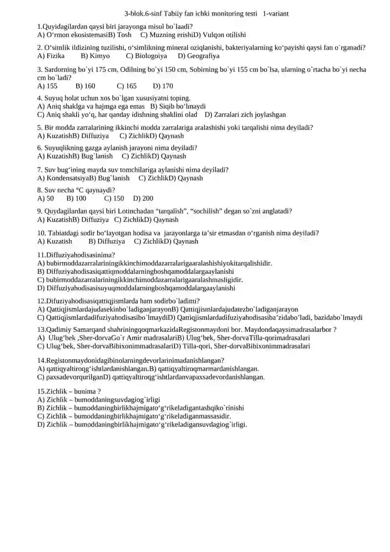 3- blok. 6-sinf uchun ona tili va adabiyot fanidan test 1-Variant 2